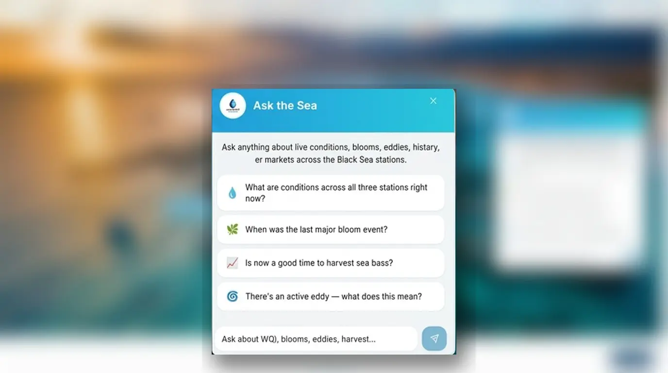 The open assistant panel with four context-aware starter prompts. When opened from a station page, a small badge shows the active station (Romania, Bulgaria, or Georgia).