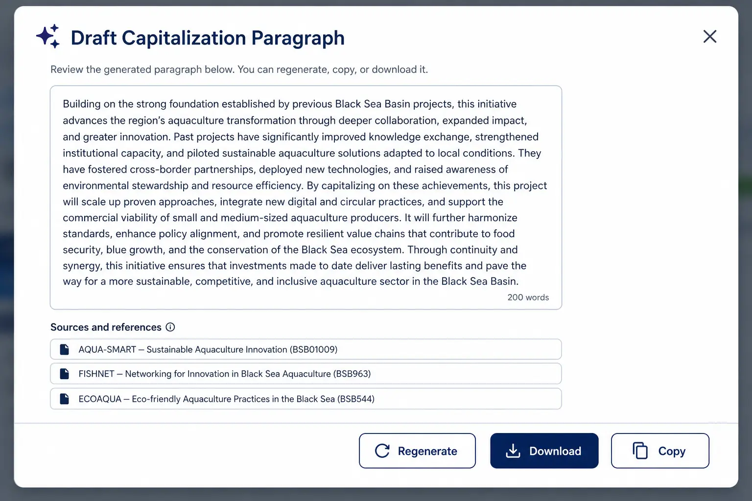 The Draft Capitalization Paragraph dialog generates a 200–300 word 'Capitalization on previous BSB projects' section in one click, citing the top three matches with their actual results text. Copy, download or regenerate.