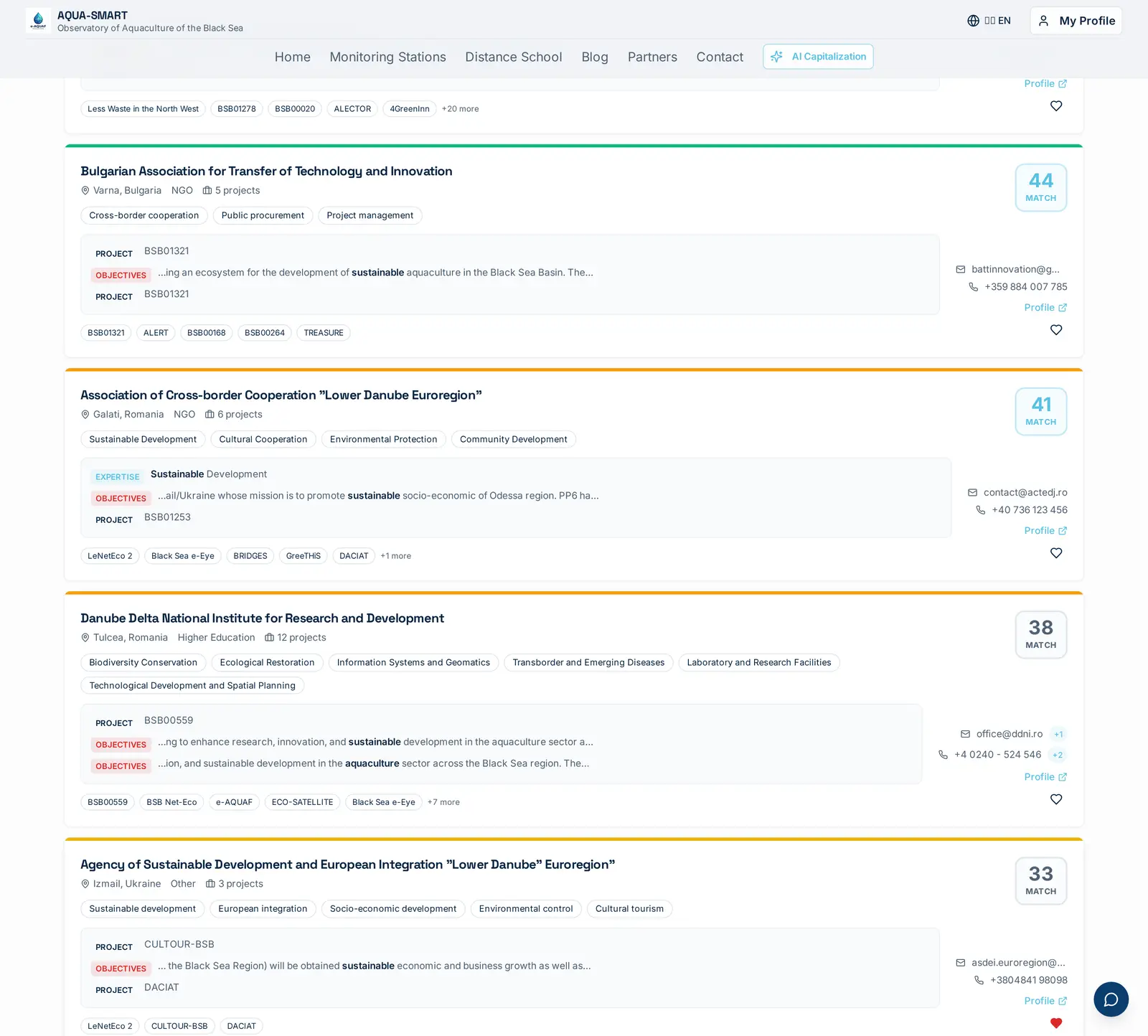 The Partners tab on Search Results, 100 organisations matching the query, ranked by how strongly their expertise, objectives and project history align. Each card pairs an organisation with its evidence snippets and one-click contact details.