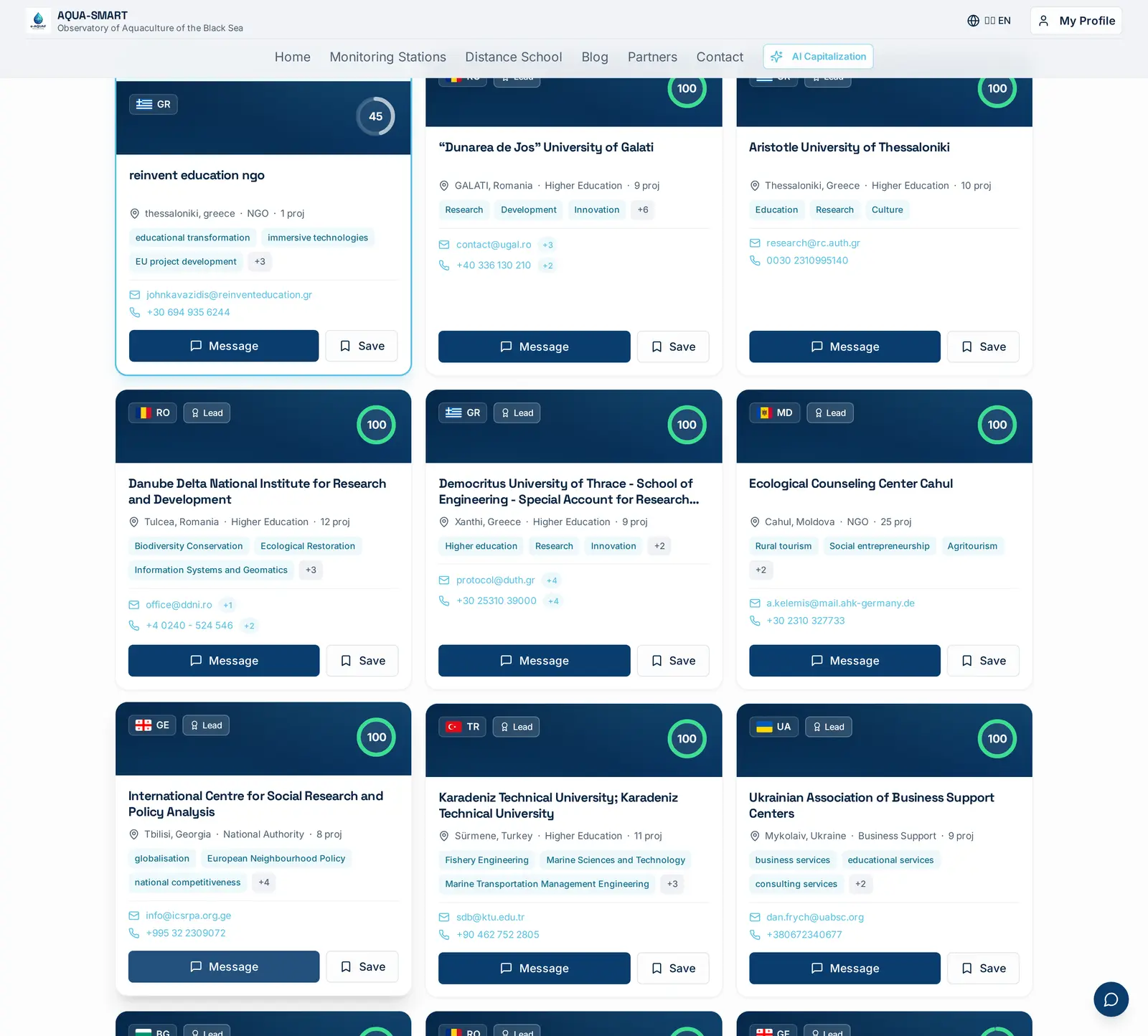 The Partner Directory, 477 organisations browseable by country and type. Each card shows lead-partner status, project count, expertise chips and direct contact details.