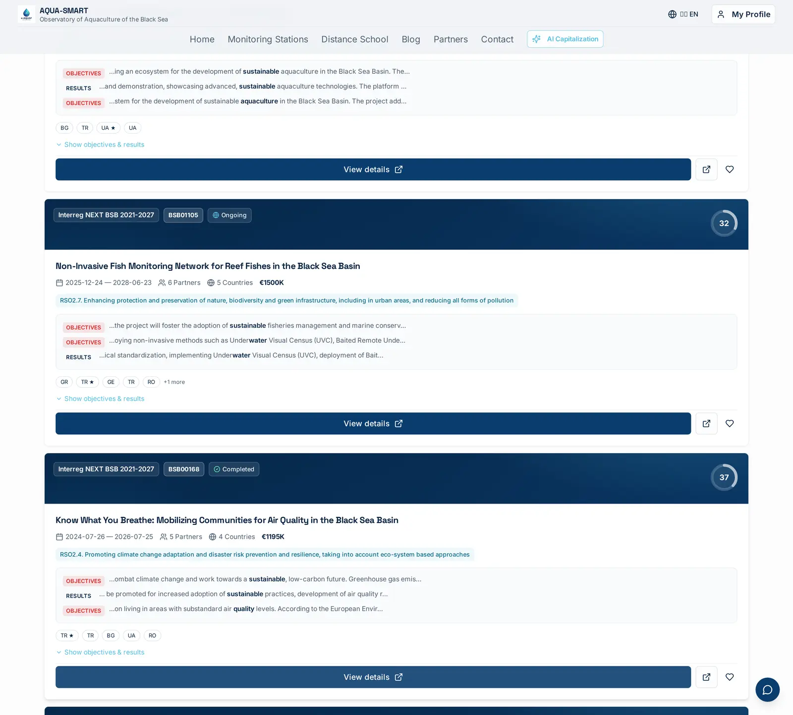 The Projects tab, past Black Sea Basin projects matching the same query, with programme period, partner count, results snippet and a MATCH score. The companion view to the Capitalization tab, sorted by overall fit rather than capitalization-specific signals.
