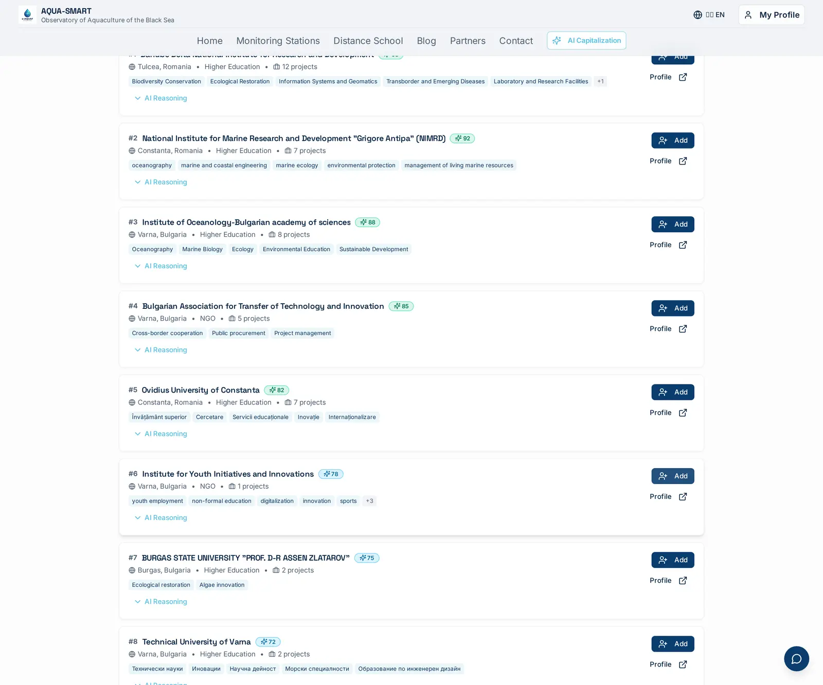 Proposal Wizard → AI Matching step for an 'e-AQUAF Smart Aqua Farming follow-on' idea targeting Bulgaria and Romania. 15 partners ranked by AI fit, the engine merges thematic, geographic and capitalization signals into a single 0–100 score.