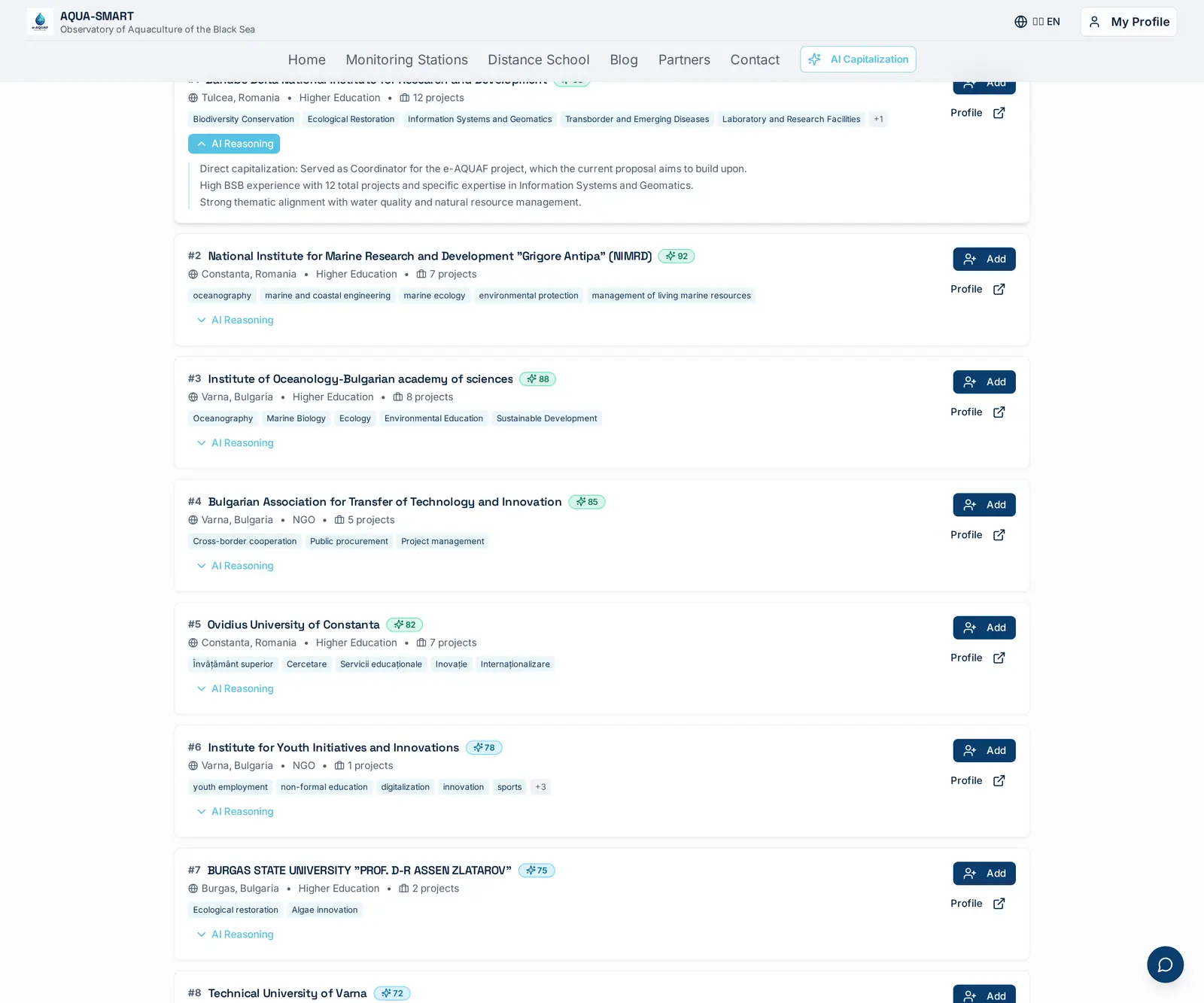 Expanding AI Reasoning on the #1 match: 'Currently a partner in the e-AQUAF project, ensuring seamless integration of previous results.' The model surfaces direct capitalization signal, thematic overlap and capacity in three plain-language bullets.