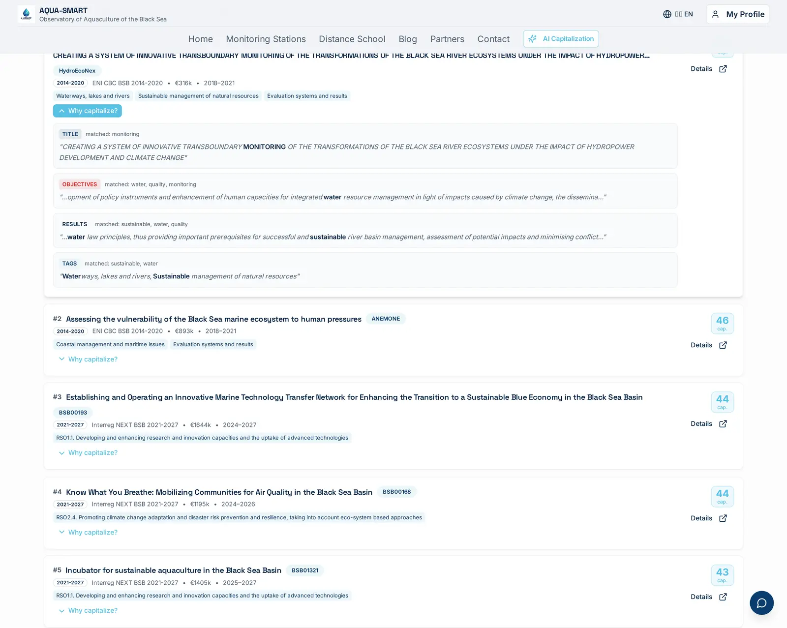 The Capitalization tab on a real query, 79 past BSB projects scored, AI-extracted theme chips above the map, and the 'Why capitalize?' drawer open on the #1 result showing the exact title/objectives/results evidence that drove the score.