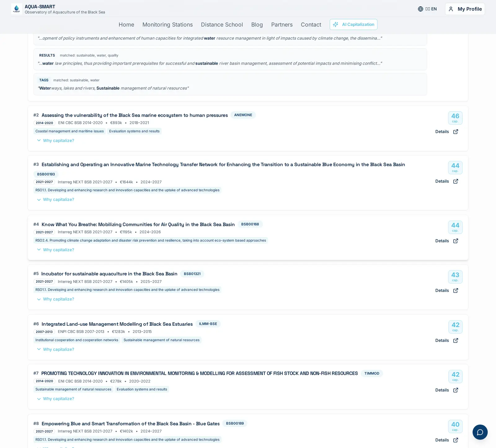 Click 'Why capitalize?' on any card to see the exact match evidence: which terms hit the title, objectives, results and theme tags, with surrounding text quoted and the matched words bolded.
