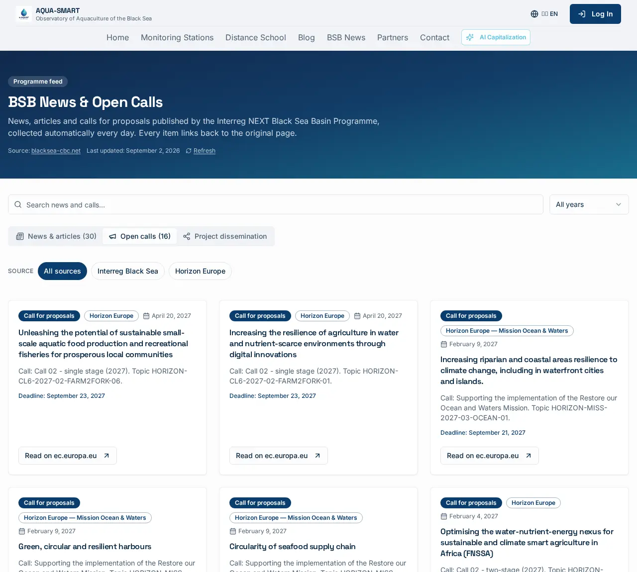 The Open calls tab, showing live Horizon Europe and Mission Ocean & Waters topics next to Interreg Black Sea calls. Source chips filter the list; each card shows the programme, the topic identifier and the submission deadline.