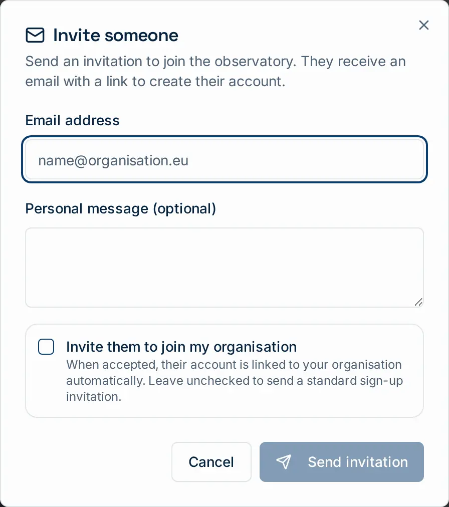Invite someone from chat. Tick “Invite them to join my organisation” to auto-link them on acceptance; leave it unticked for a standard sign-up invitation.