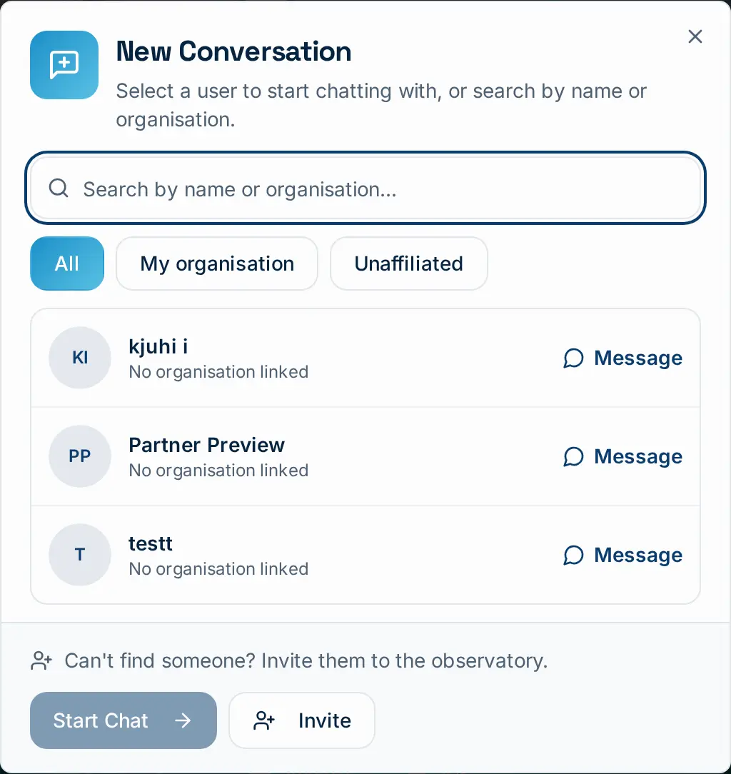 The New Conversation dialog lists people by organisation and department. The Invite button next to Start Chat covers anyone who is not on the platform yet.