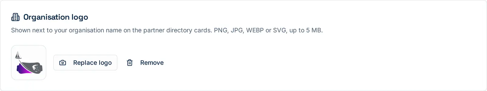 The logo uploader. A square PNG or JPG works best, it appears next to your organisation name on every partner card and profile.