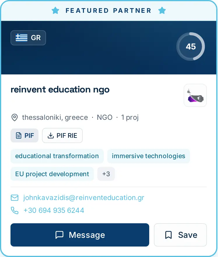 A partner directory card with the organisation logo, country flag, AI match score, PIF badge and a direct download of the shared PIF.