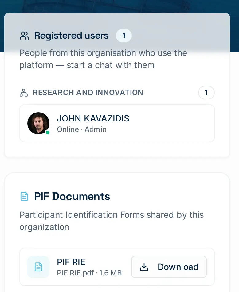 Inside a partner profile: registered users grouped by department with live presence, plus every PIF document available for download.