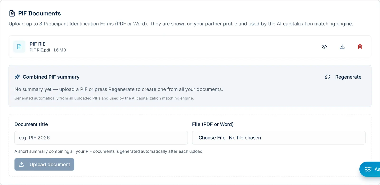 Up to three Participant Identification Forms (PDF or Word) per organisation. After every upload the platform regenerates a combined AI summary automatically.