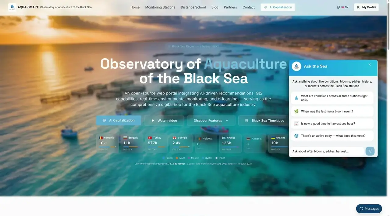 Ask the Sea chat panel open on the AQUA-SMART home page