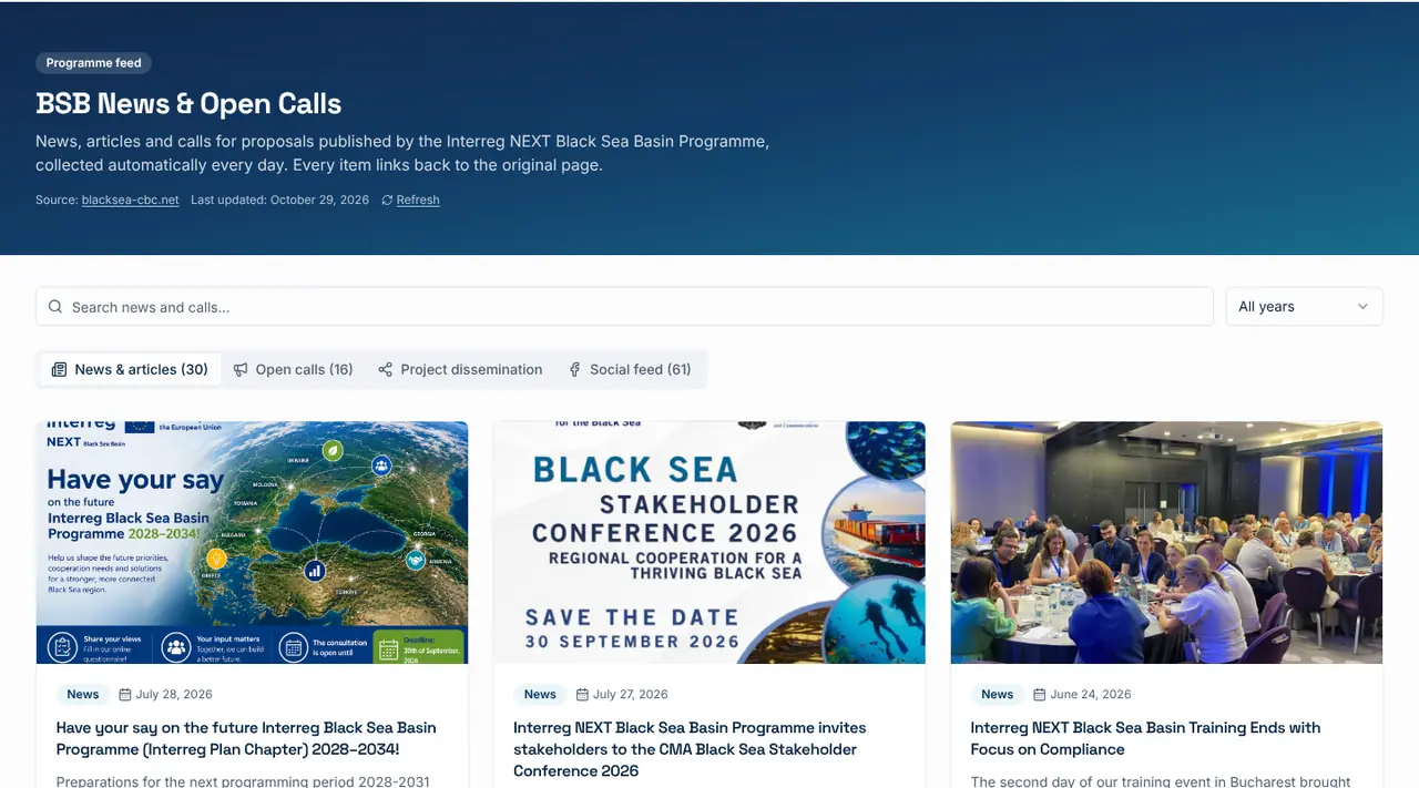 BSB News and Open Calls feed with programme news cards