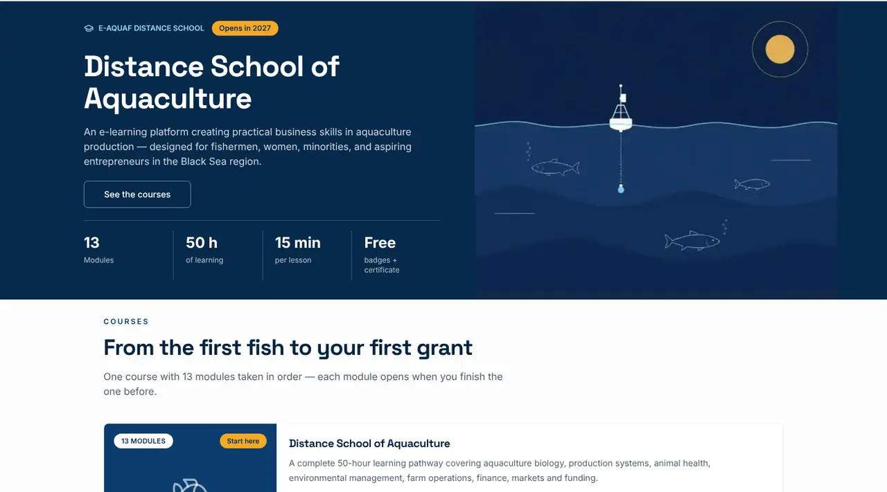 Distance School page: 13 modules, 50 hours of learning, free badges and certificates